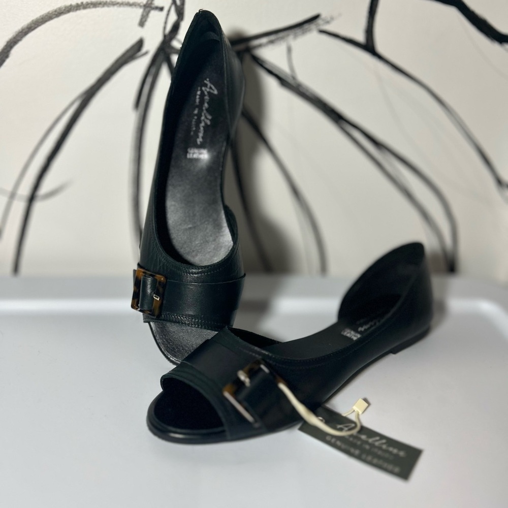 NEW Avellini Black Leather Open-Toe Flats with Buckle, Women’s Size 8 - Picture 2 of 9
